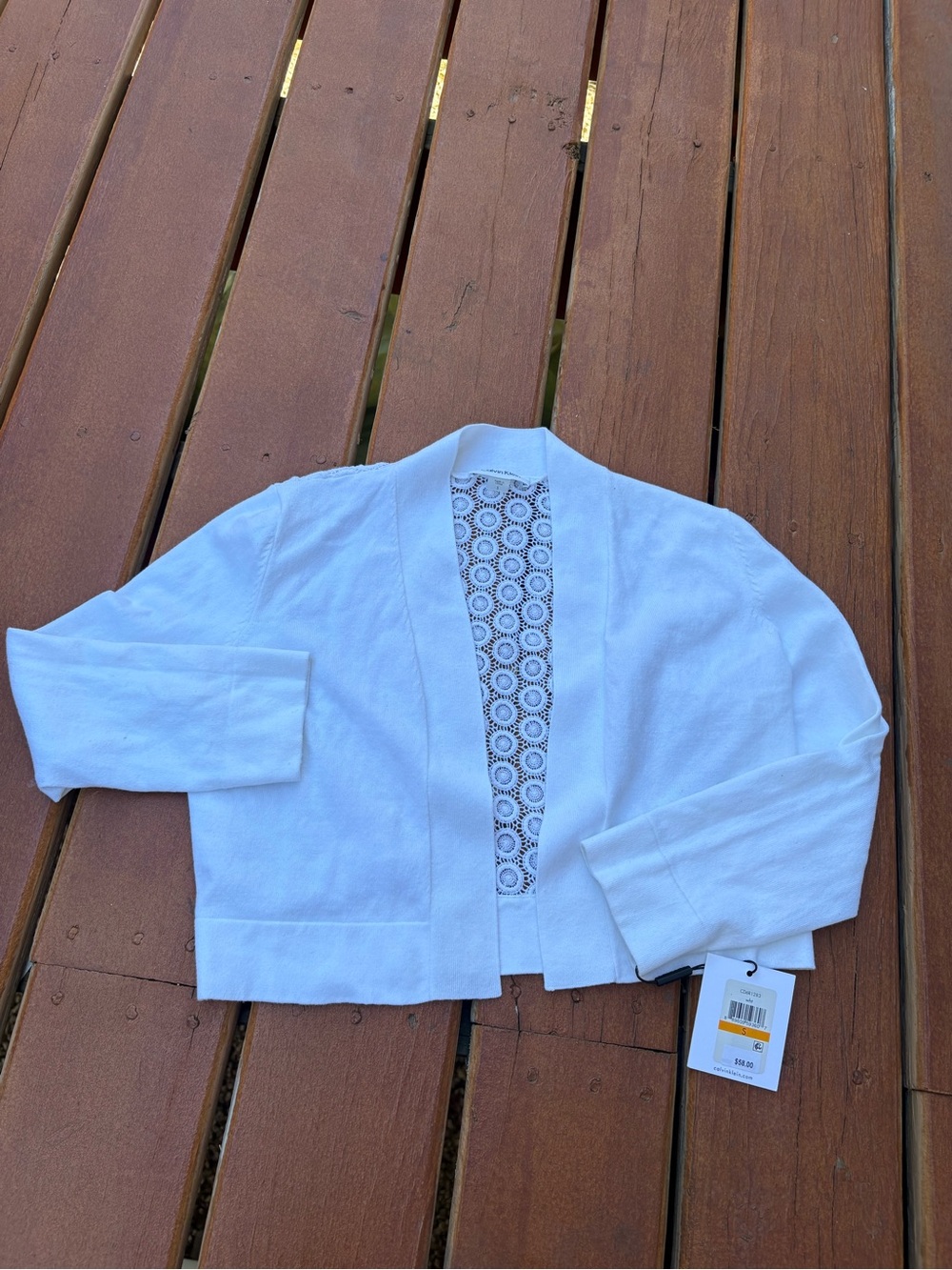 Calvin Klein White Cropped Open-Front Cardigan with Crochet Back